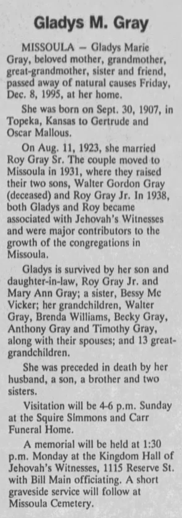 Obituary for Gladys Marie Gray, 1907-1995